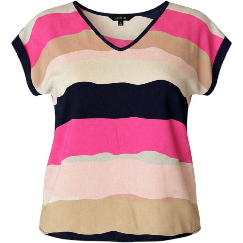 Sky USA Womens Pink Navy Striped V-Neck Blouse Short Sleeve Gold Button Top XL